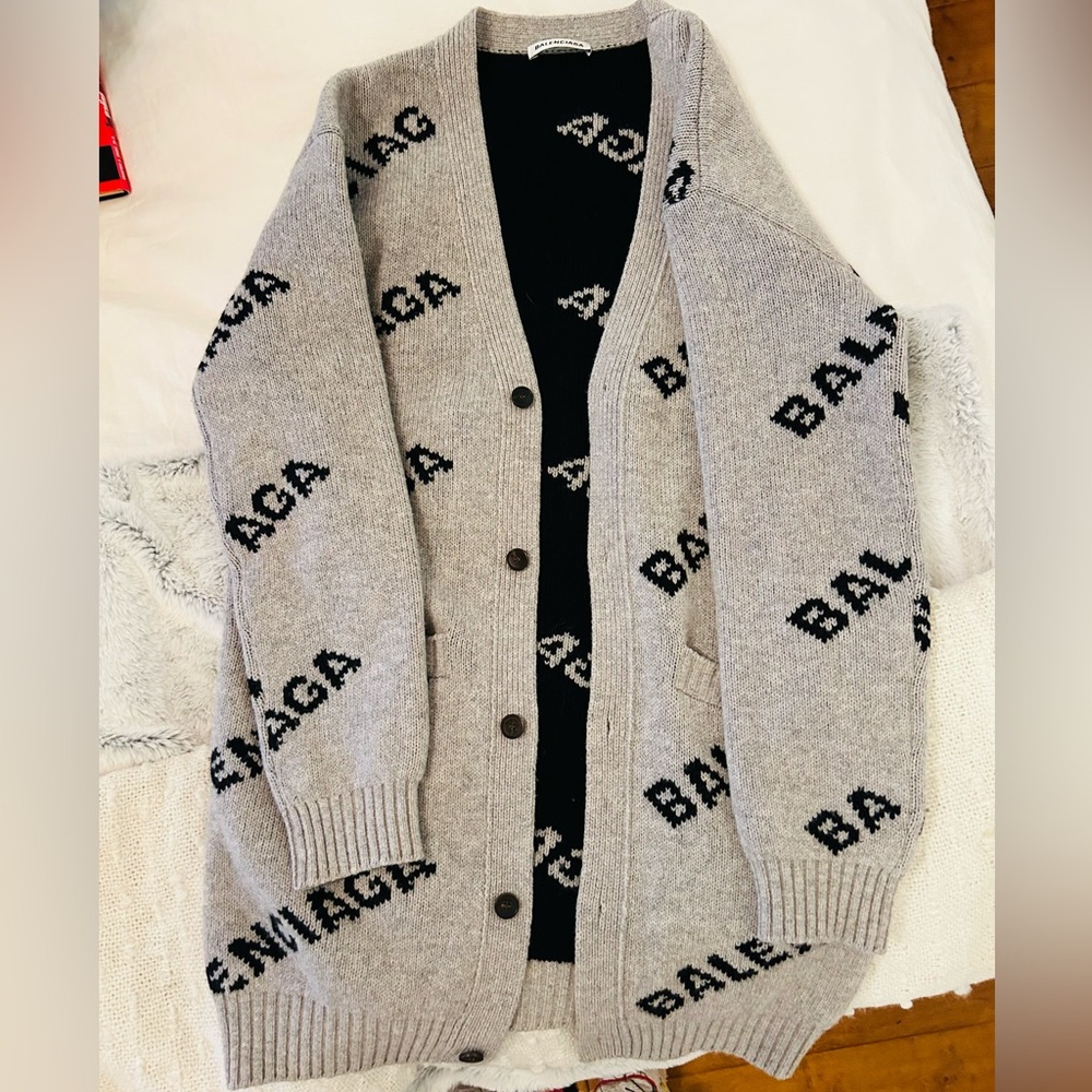 Authentic Balenciaga “All Over Logo” Cardigan Sweater XS